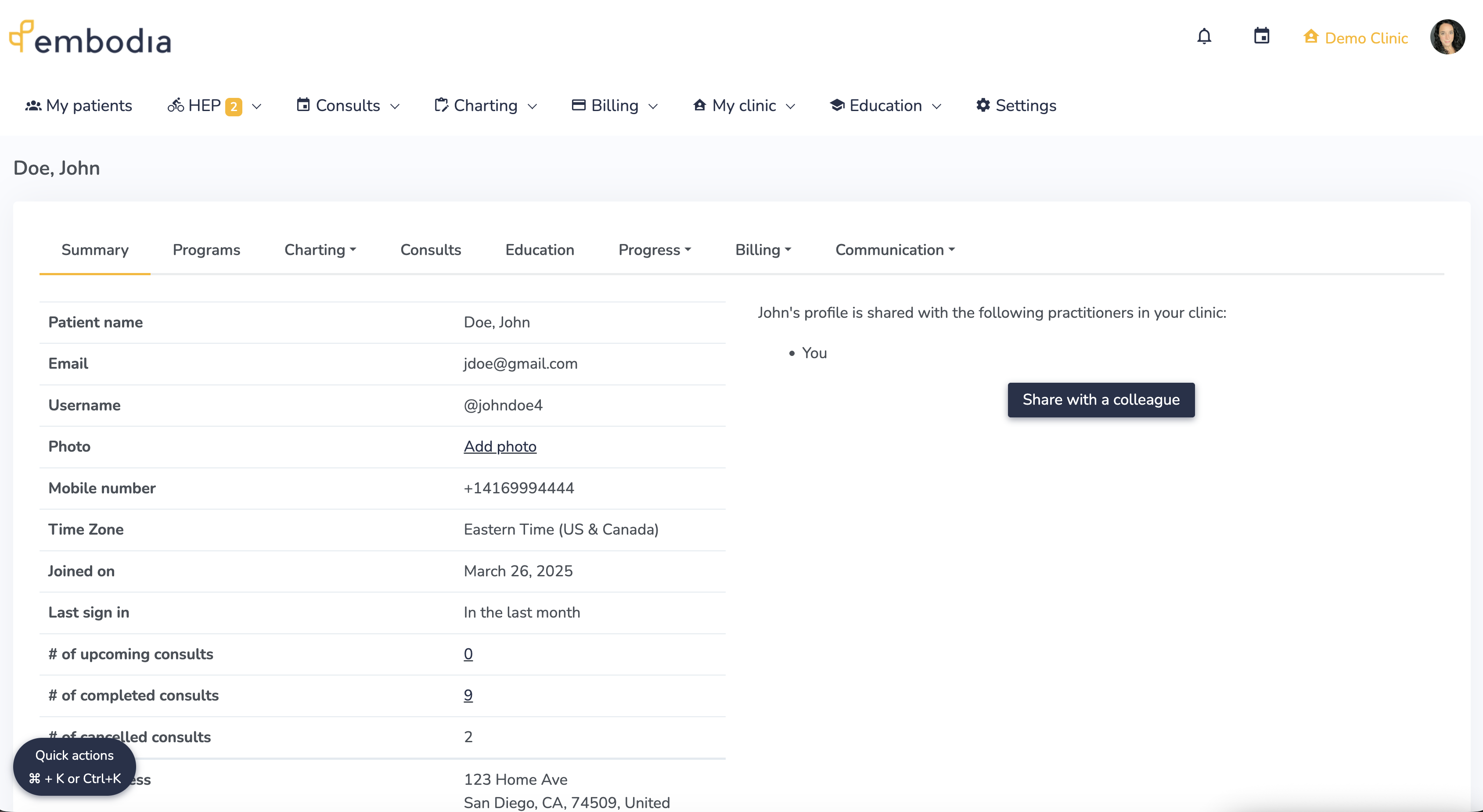 Embodia patient profile